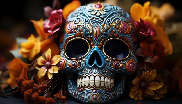 Foto gratuita celebración del día de muertos calaveras coloridas decoraciones espeluznantes generadas por inteligencia artificial