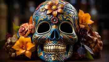 Foto gratuita celebración del día de muertos, coloridas calaveras y flores generadas por inteligencia artificial