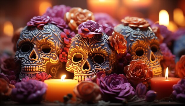 Celebración del Día de los Muertos, velas, decoraciones coloridas y espeluznantes, cráneos humanos generados por inteligencia artificial