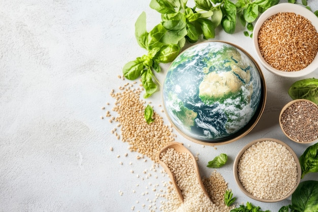 Celebración del Día Mundial de la Alimentación con una bola o globo mundial rodeado de comida