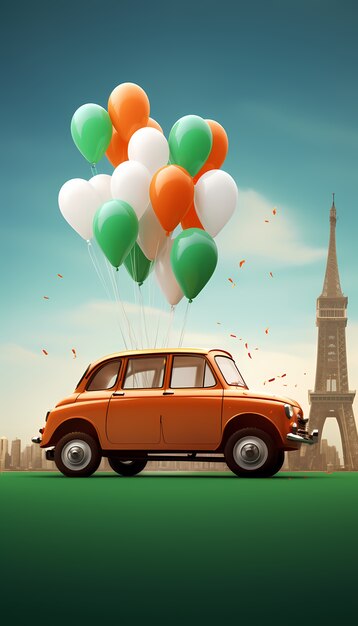 Celebración del día de la república de la India con globos 3D y coche
