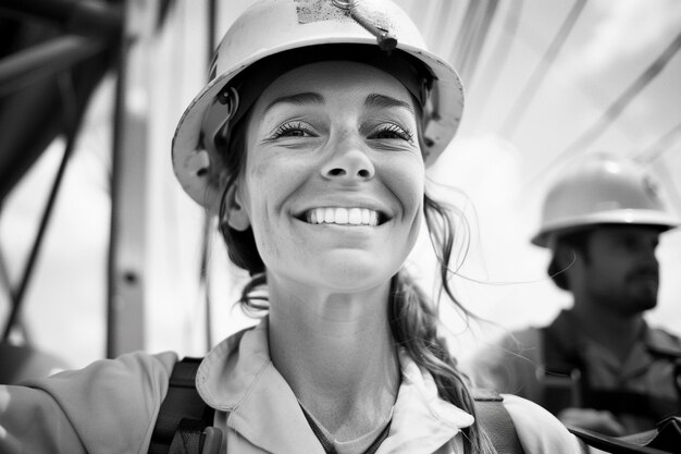 Celebración del Día del Trabajo con una vista monocromática de una mujer que trabaja como ingeniera