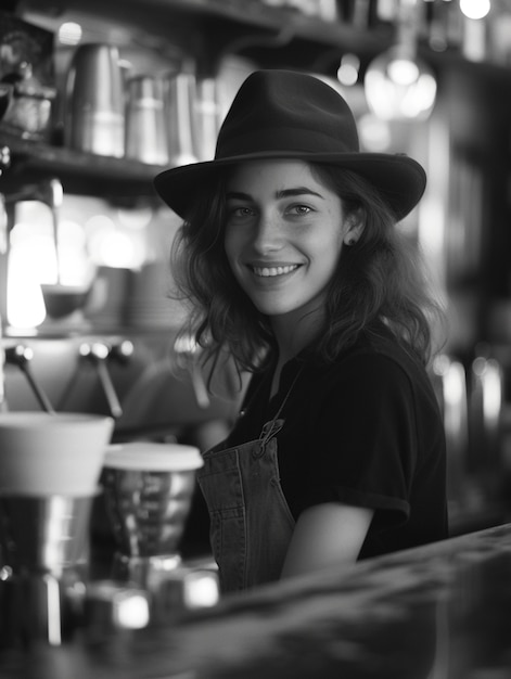 Celebración del Día del Trabajo con vista monocromática de una mujer trabajando como barista