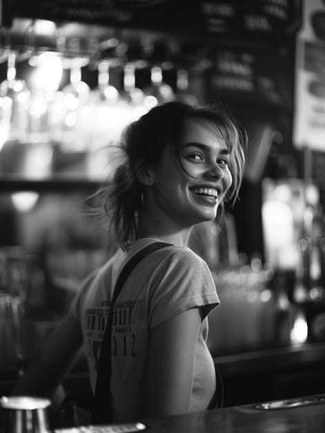 Celebración del Día del Trabajo con vista monocromática de una mujer trabajando como barista