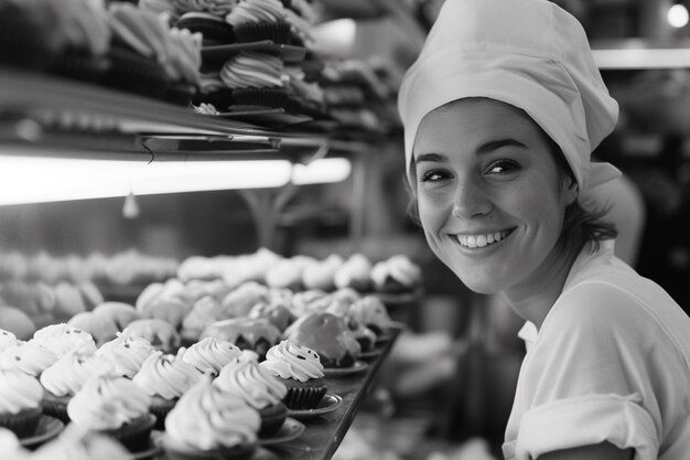 Celebración del Día del Trabajo con vista monocromática de una mujer trabajando como chef