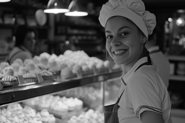 Celebración del Día del Trabajo con vista monocromática de una mujer trabajando como chef