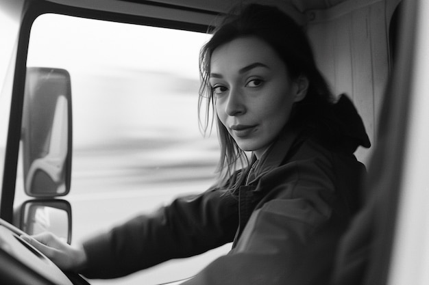 Foto gratuita celebración del día del trabajo con una vista monocromática de una mujer trabajando en su trabajo