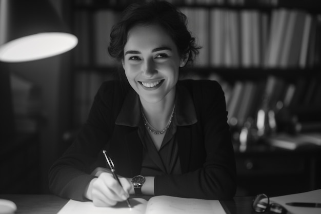 Foto gratuita celebración del día del trabajo con una vista monocromática de una mujer trabajando en su trabajo