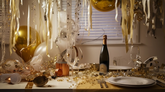 Celebración de fin de año con botella de champagne.