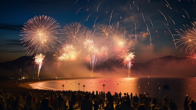 Celebración de fin de año con fuegos artificiales.