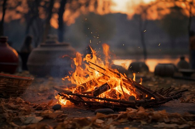 Celebración fotorrealista del festival lohri con fuego de campamento