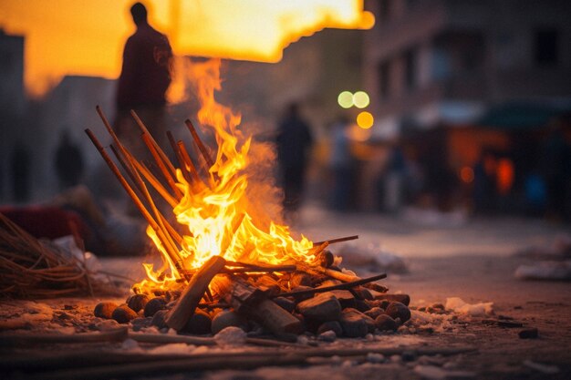 Celebración fotorrealista del festival lohri con fuego de campamento