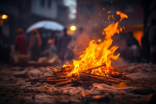 Celebración fotorrealista del festival lohri con fuego de campamento