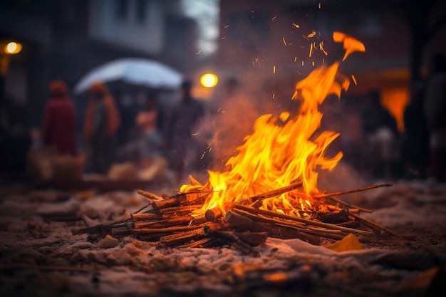 Celebración fotorrealista del festival lohri con fuego de campamento