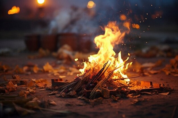 Celebración fotorrealista del festival lohri con fuego de campamento