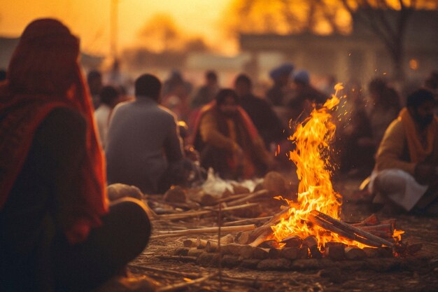 Celebración fotorrealista del festival lohri con fuego de campamento