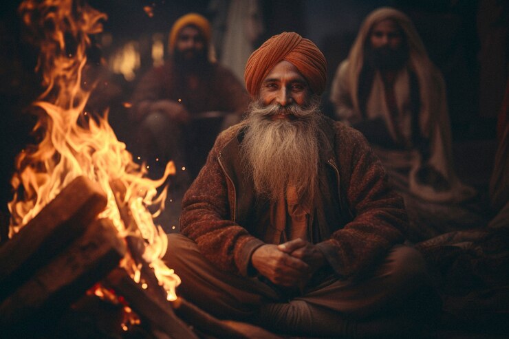 Foto gratuito celebración fotorrealista del festival lohri con hombre y fuego
