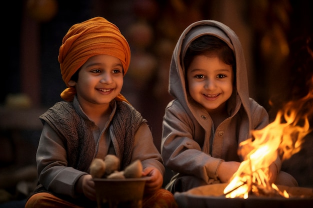 Celebración fotorrealista del festival lohri con niños