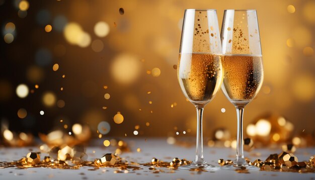 Una celebración glamorosa con vino champagne y adornos dorados generada por inteligencia artificial