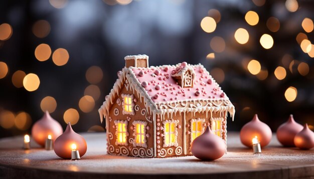 Celebración de invierno casa de pan de jengibre casera decorada con glaseado y dulces generados por inteligencia artificial