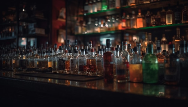 Celebración de la vida nocturna en el bar con vaso de whisky generado por IA