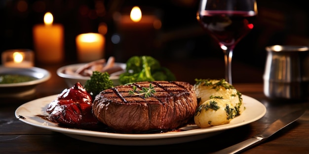 Cena de bistec con vino tinto lista en un cálido y acogedor restaurante