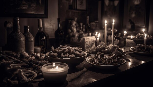 Cena a la luz de las velas con vino y decoración espeluznante de calabaza en la mesa generada por IA