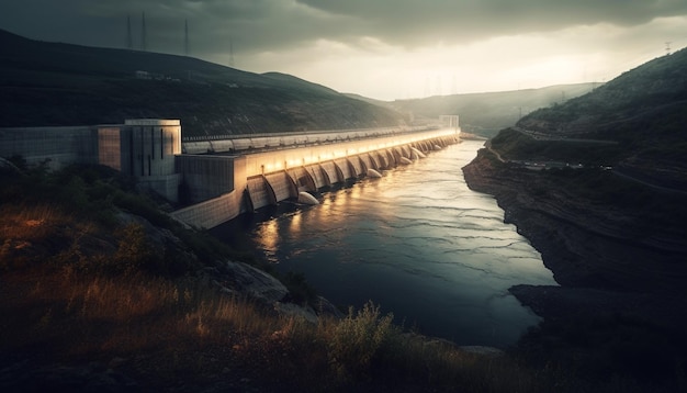 La central hidroeléctrica genera electricidad en un paisaje montañoso generado por IA