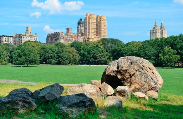 Central Park Spring con horizonte en el centro de Manhattan, Nueva York