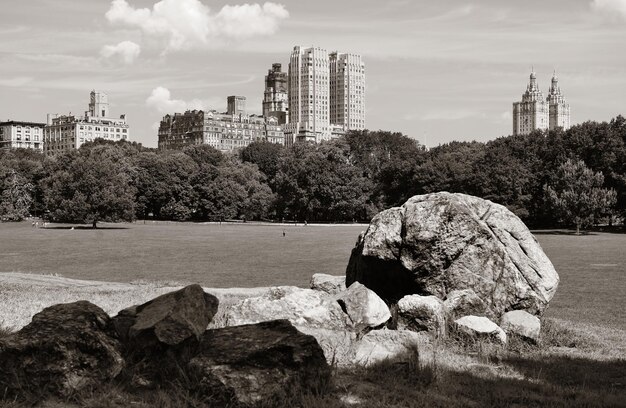 Central Park Spring con horizonte en el centro de Manhattan, Nueva York