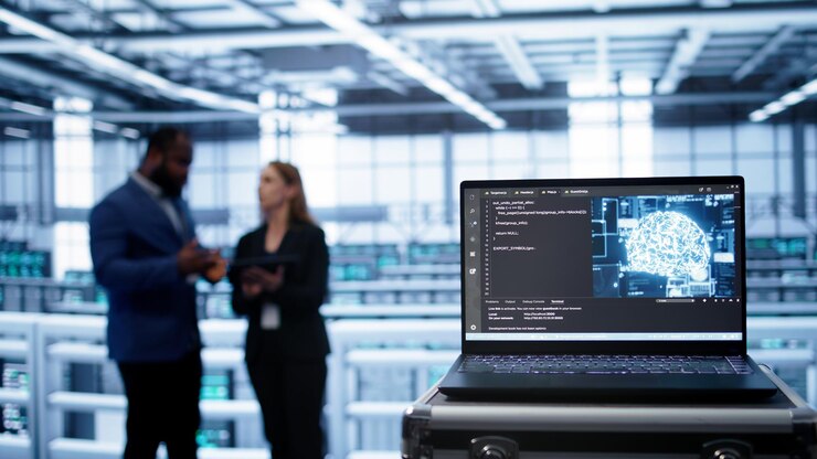 Foto gratuito centrarse en la computadora portátil en el centro de datos con cerebro de ia utilizado por los ingenieros en el fondo