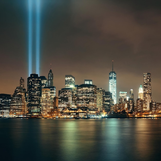 El centro de la ciudad de Nueva York y el tributo del 11 de septiembre por la noche