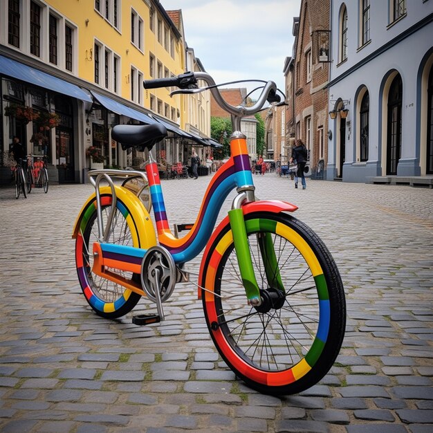 Cerca de la bicicleta colorida en la ciudad