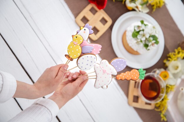 Cerca de brillantes galletas de jengibre de Pascua en palos. El concepto de decoración para las vacaciones de Semana Santa.