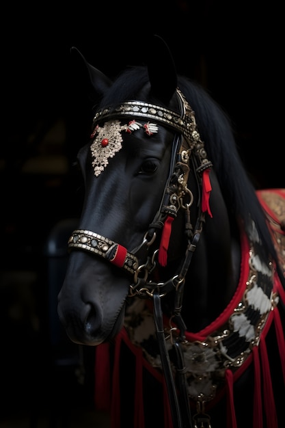 Foto gratuita de cerca en un caballo bellamente decorado