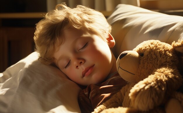 De cerca el chico durmiendo con el oso de peluche