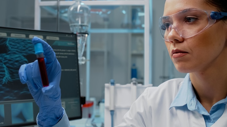 Foto gratuito cerca del científico analizando vacutainer de laboratorio con fluido