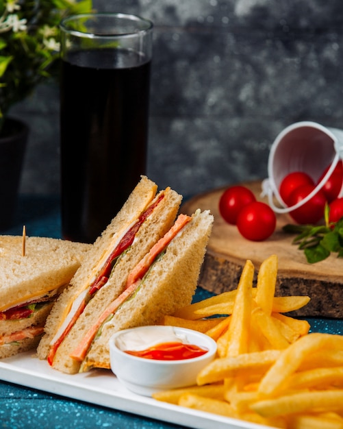 Cerca de club sandwich con salami servido con papas fritas y salsas