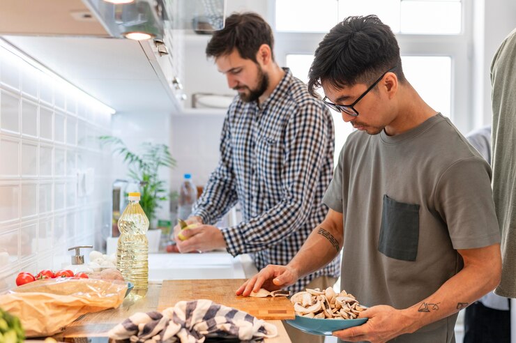 Foto gratuito cerca de compañeros de cuarto cocinando juntos