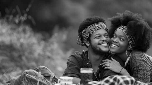 De cerca una encantadora pareja disfrutando de un picnic