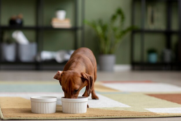 Cerca de hermoso perro salchicha comiendo