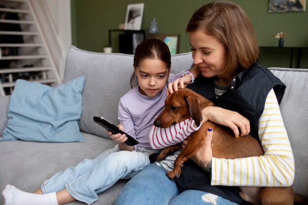 Cerca de hermoso perro salchicha pasar tiempo con la familia