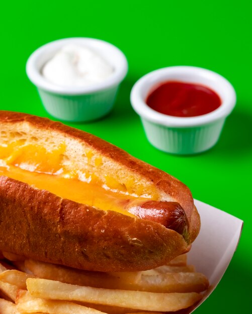 Foto gratuita cerca de hot dog con queso cheddar servido con papas fritas