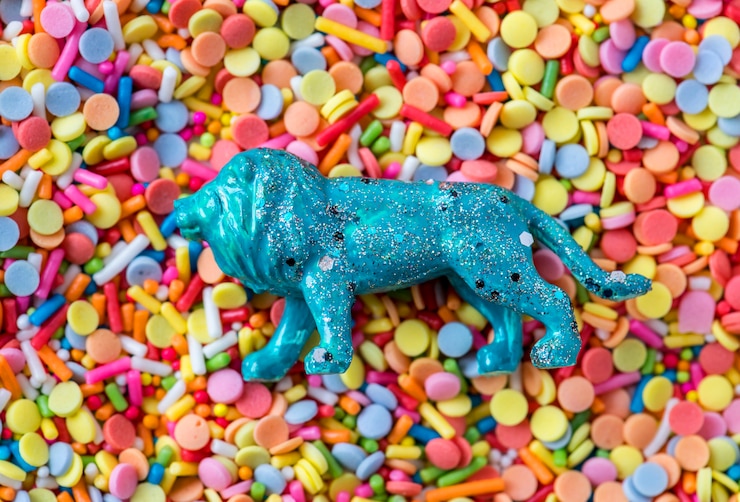 Foto gratuito cerca de un juguete de estatuilla de león azul en una cama de dulce confites dulces