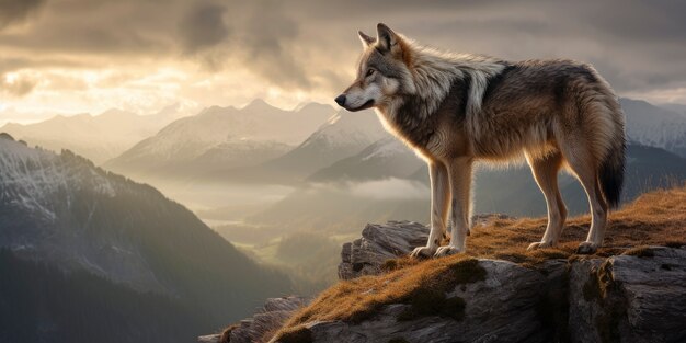 De cerca en el lobo en la cima de la montaña