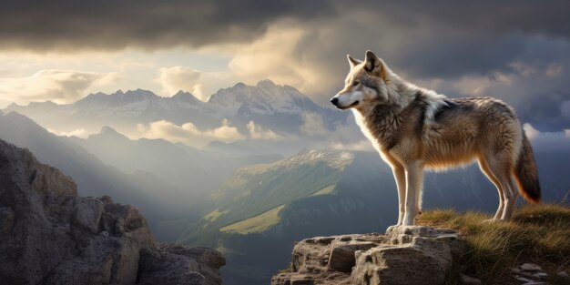 De cerca en el lobo en la cima de la montaña