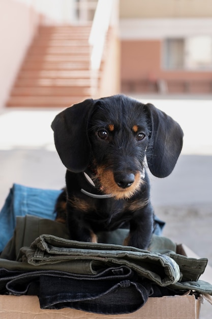 Cerca de perro con donaciones para caridad.