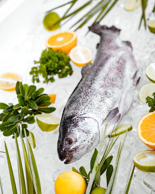 Cerca de pescado crudo colocado en hielo rodeado de frutas