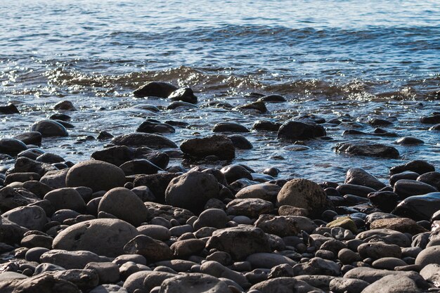 Cerca de las rocas en la playa salvaje