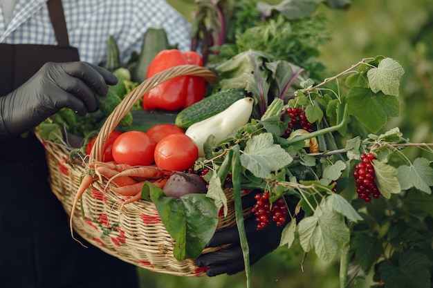 Cerca del viejo granjero sosteniendo una canasta de verduras. El hombre está de pie en el jardín. Senior en un delantal negro.